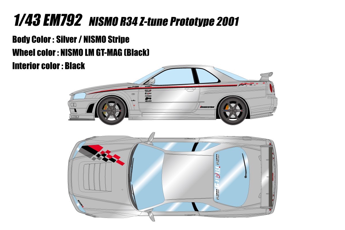 EM792 Make Up Nissan NISMO R34 Z-tune Prototype 2001 Silver/Nismo Stripe 1:43