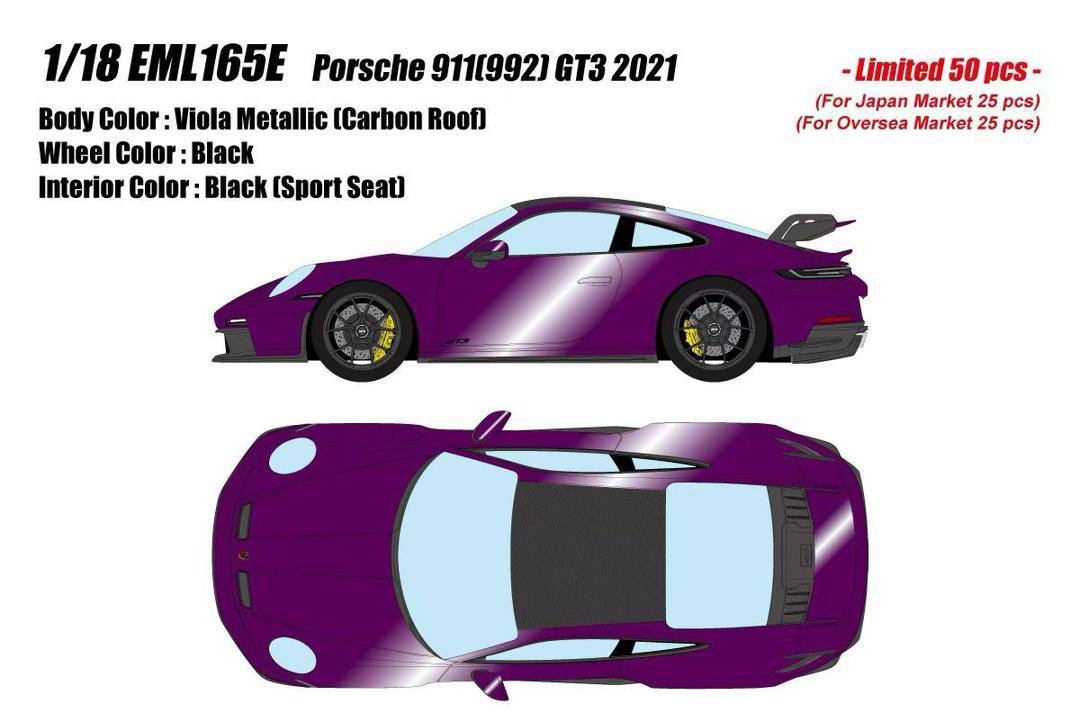 EML165E Make Up Porsche 911 (992) GT3 2021 Viola Metallic/Carbon Roof 1:18