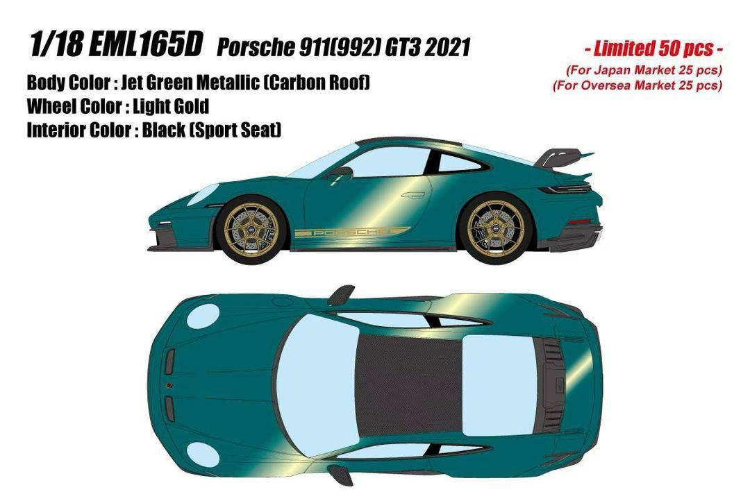 EML165D Make Up Porsche 911 (992) GT3 2021 Jet Green Metallic/Carbon Roof 1:18
