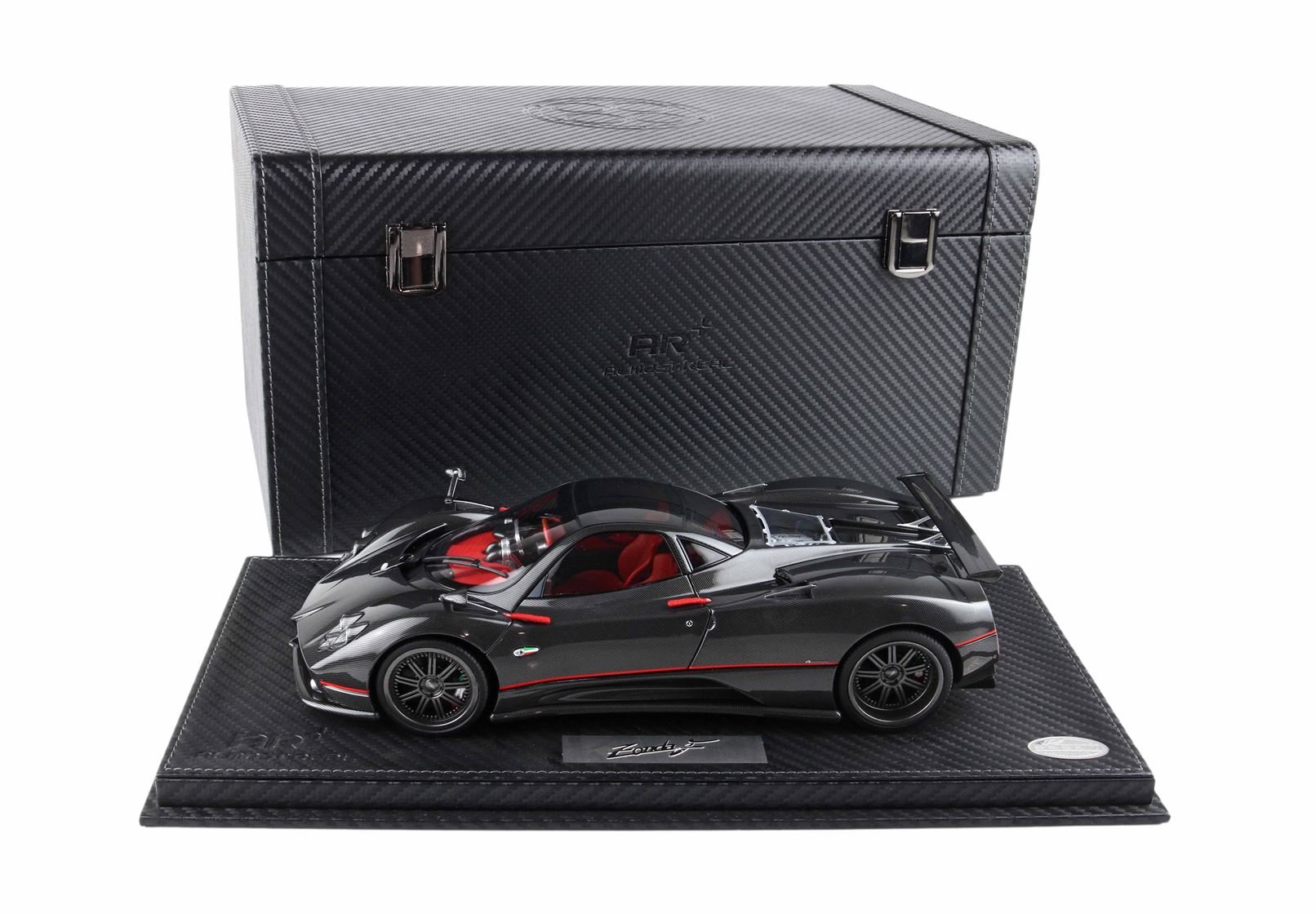 850410021DIE BBR Models/Almost Real Pagani Zonda F Gloss Carbon Black/Red Stripe Special Pack 1:18