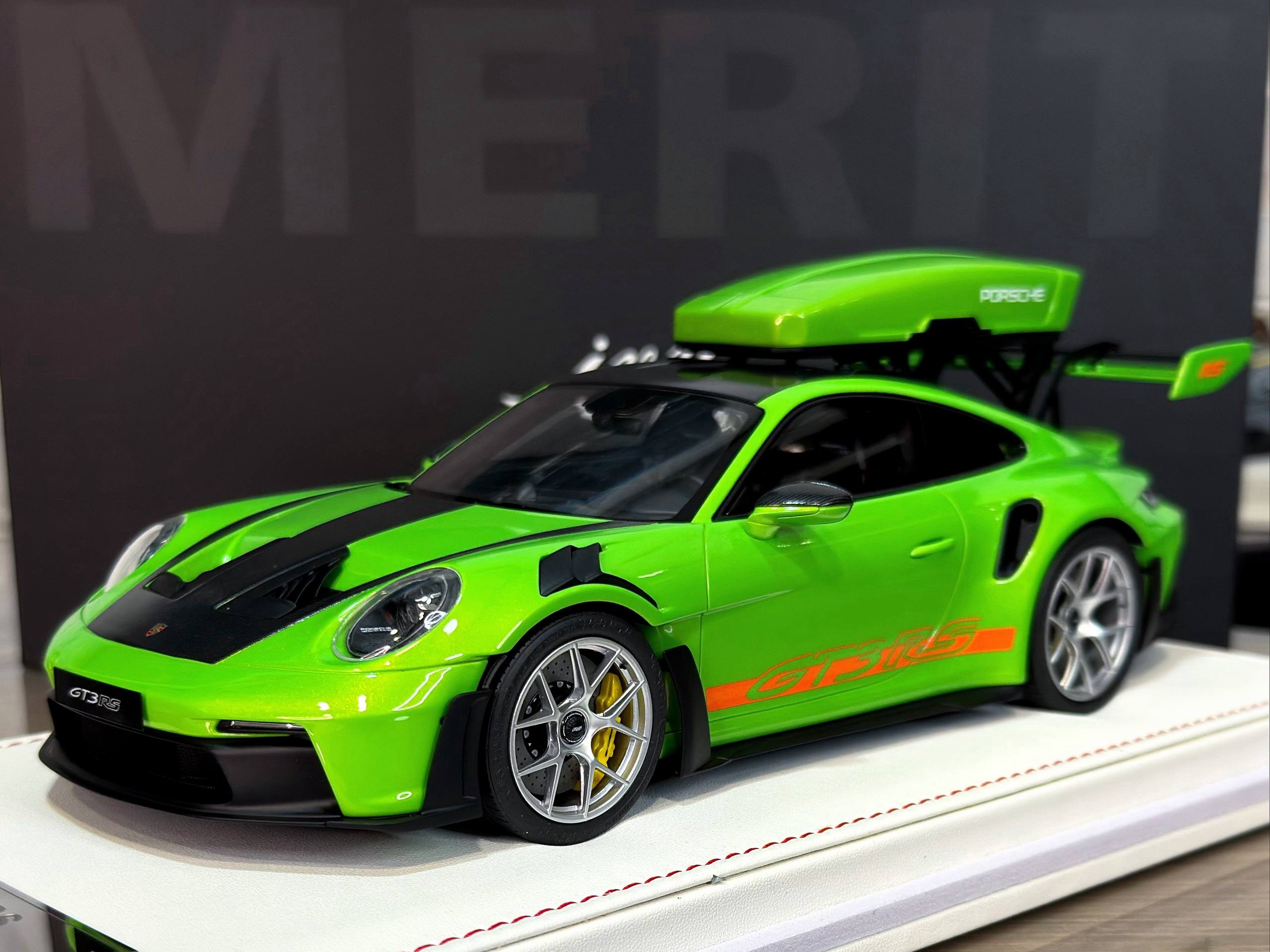 AB627 IVY Merit Porsche 911 (992) GT3 RS Luggage Acid Green/Orange Livery with Silver Wheels 1:18